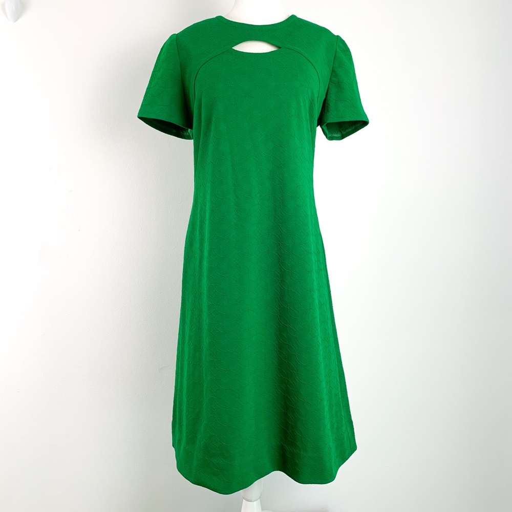 60s mod shift dress handmade green double knit polyester w/ keyhole, size 10/12